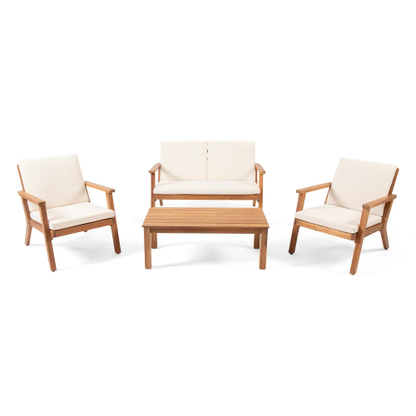 Temecula Outdoor Acacia Wood 4-Seater Chat Set_Loveseat&Coffee Table&2 Club Chairs - Brown Patina Finish + Cream Cushion