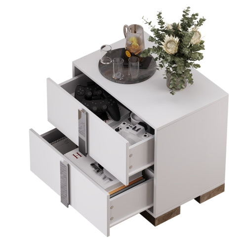 Modern End Table with Drawers, Elegant Nightstand with Metal Foot,Wood Bedside Table with Mirrored Metal Handles,Sofa Side End Table for Bedroom Living Room Office,White