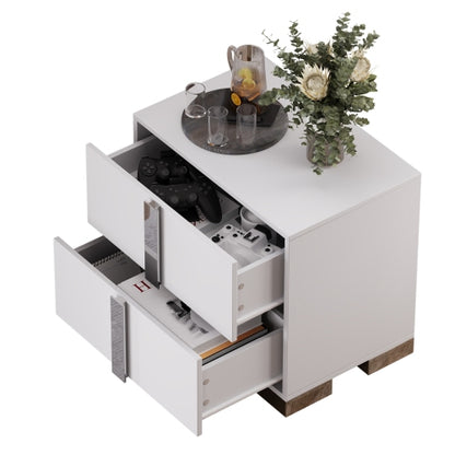 Modern End Table with Drawers, Elegant Nightstand with Metal Foot,Wood Bedside Table with Mirrored Metal Handles,Sofa Side End Table for Bedroom Living Room Office,White