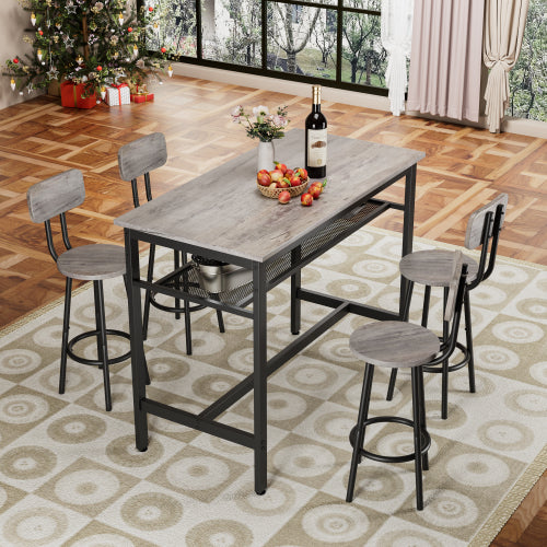 5-Piece Gray Counter Height Dining Set, MDF & Steel Table with 4 Stools, Space-Saving for Kitchen & Bar