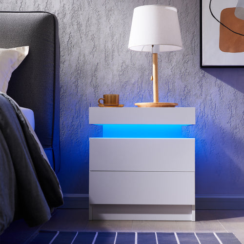Nightstand LED Bedside Table Cabinet Lights Modern End Side with 2 Drawers for Bedroom (White)