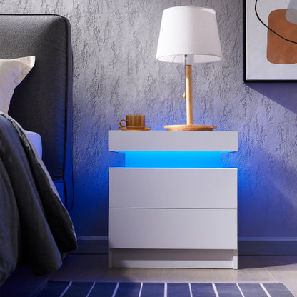 Nightstand LED Bedside Table Cabinet Lights Modern End Side with 2 Drawers for Bedroom (White)