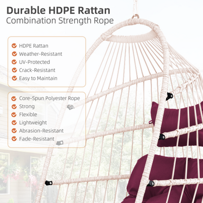 Outdoor Egg Hanging Chair with Stand, Patio Wicker Swing Egg Chair Indoor Swinging Chair Outdoor Hammock Egg Chair. Rose red