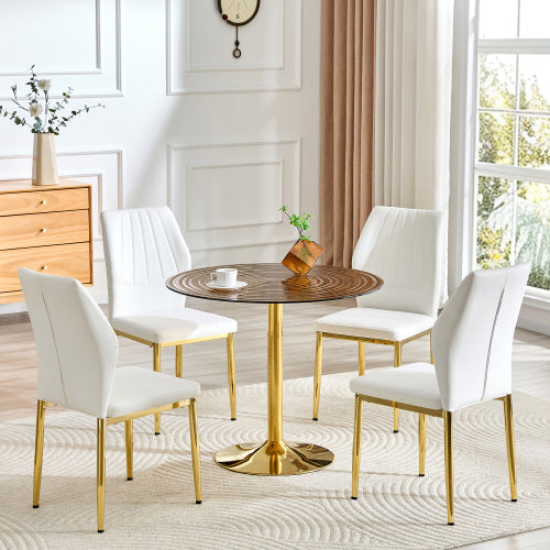 5-Piece Brown Ring Glass Round Dining Set, Gold Frame Table & 4 White PU Shell Chairs
