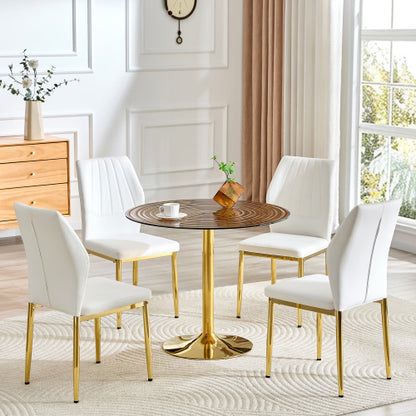 5-Piece Brown Ring Glass Round Dining Set, Gold Frame Table & 4 White PU Shell Chairs