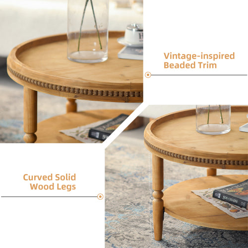 31.3inch  Round Boho 2-Tier Coffee Table, Beaded Trim & Curved Solid Wood Legs, Rustic Accent Table