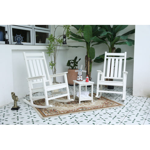 All Weather Rocking Chair Set with Side Table, 3-Piece Rocking Chair Set with Wood-Texture, White(includes 2 Rocking Chairs and 1 Table)