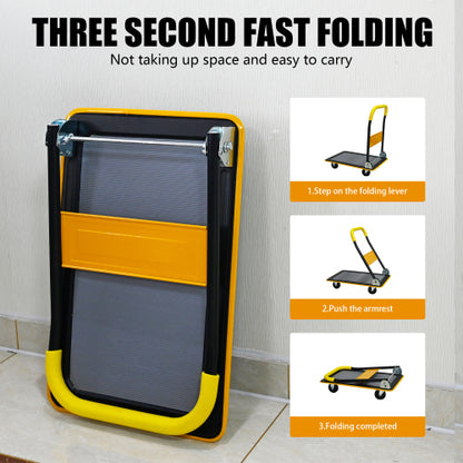 Flatbed Cart, 330lbs Heavy Duty Capacity Platform Hand Truck 360 Degree Swivel Wheels Foldable Push Hand Cart for Loading and Storage