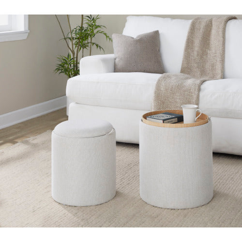 Cream Fabric Nesting Ottoman Set with Natural Wood, 2-Piece Stackable Stools, 250 LBS Limit, Fully Assembled