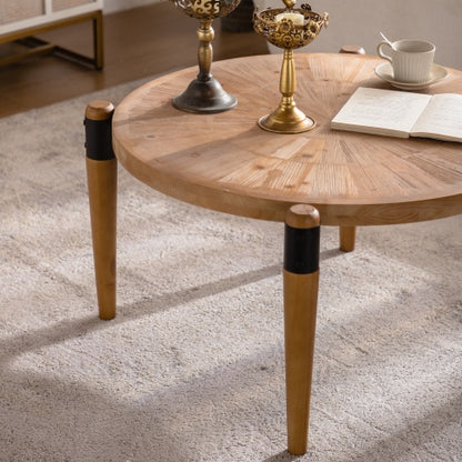36.22inch  Round Radial Grain Coffee Table, Solid Wood & MDF with Black Metal Accent Legs