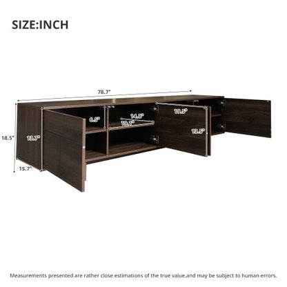 78.7 inch Dark Brown Push-Open TV Stand Solid Pine Leg Media Console Adjustable Shelves For 85 inch TV