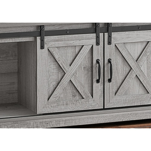 60 Inch Grey Modern Farmhouse TV Stand with Metal Track Sliding Barn Storage Doors