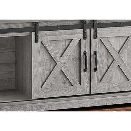 60 Inch Grey Modern Farmhouse TV Stand with Metal Track Sliding Barn Storage Doors
