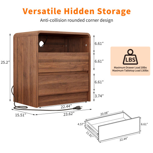 Walnut Curved Nightstand, 25inch Tall Handle-Less Bedside Table with Drawers & Charging Station