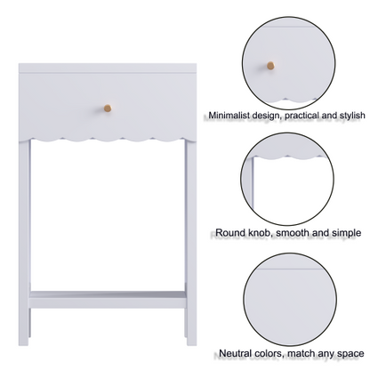 Modern  Nightstand with Drawer and Open Shelf,Scalloped Edge Bedside Table for Bedroom, Cute Minimalist Side Table for Kids Room or Girls' Room,Light Purple