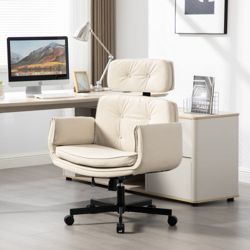Criss Cross Chair with Adjustable Armrests & Wheels & Headrest, PU Lounge Vanity Desk Chair with Wide Seat for Cross-Legged Sitting, Swivel Task Office Chairs for Home, Makeup, Gaming, Office, Beige