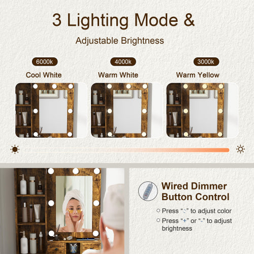 Vintage Compact LED Vanity Table Set, Power Outlet, Hairdryer Holder & Upholstered Stool