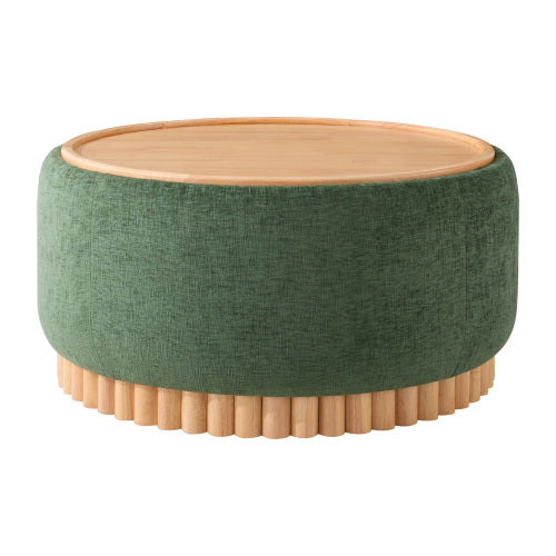 29 Inch Green Chenille Round Storage Ottoman, Reversible Tray Lid Ottoman with Rubberwood Base, No Assembly Needed