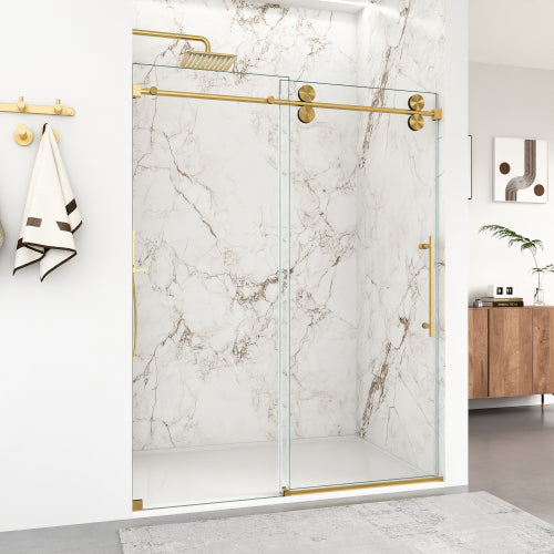 56"-60"W x 72"H Frameless Single Sliding Shower Door – 5/16" (8mm) Clear Tempered Glass, Bypass Design with Brushed Gold Finish