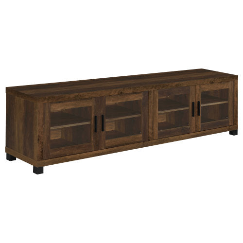 Dark Pine 79 Inch Farmhouse TV Stand with Tempered Glass Doors for TVs Up to 85 Inch