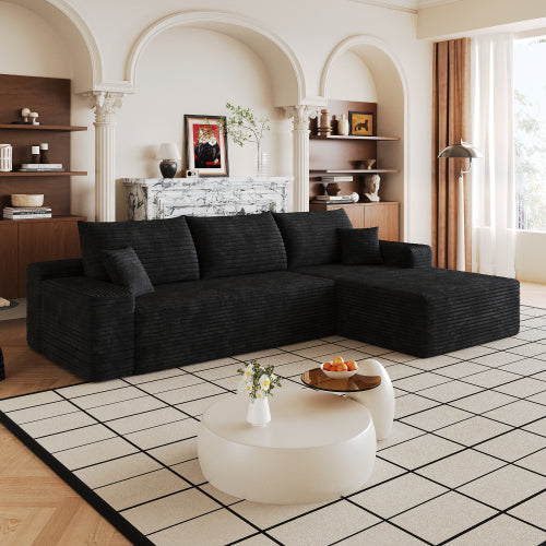 107 inch  Black Plush Corduroy L-Shape Chaise Cloud Modular Sofa, No Assembly