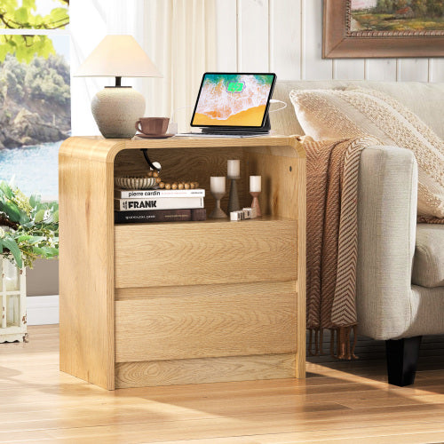 Natural Smooth 2-Drawer Nightstand with Charging Station, Mid-Century USB Side Table