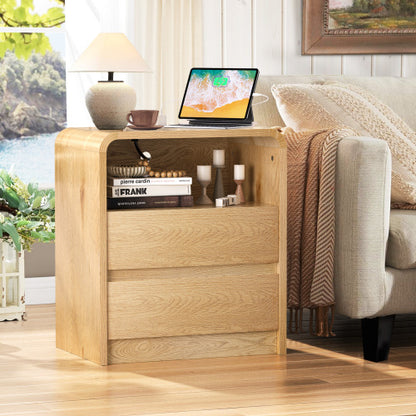 Natural Smooth 2-Drawer Nightstand with Charging Station, Mid-Century USB Side Table