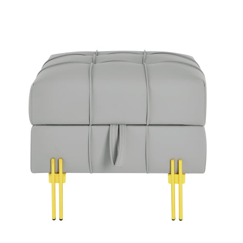 Gray Anti-Scratch Leather Storage Ottoman, Pet-Friendly Bench with Golden Stainless Steel Legs