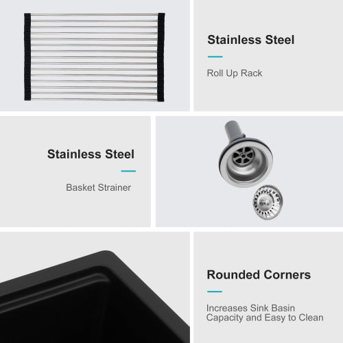 Quartz Kitchen Sink - 21" x 18" x 9.65" Black granite composite Workstation undermount kitchen sink