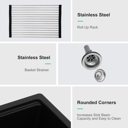 Quartz Kitchen Sink - 21" x 18" x 9.65" Black granite composite Workstation undermount kitchen sink