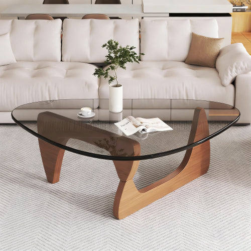 35.8 Inch Mid Century Glass Coffee Table, Walnut Base Modern Accent Table for Living Room Bedroom & Office