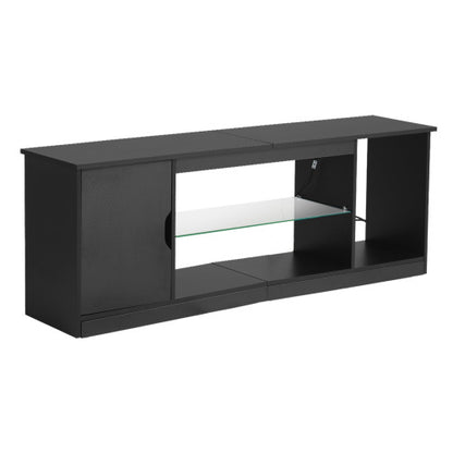 65 Inch Black Minimalist LED Light TV Stand with Tempered Glass Adjustable Storage Shelves