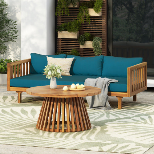 Acacia Wood Patio Furniture Set,Outdoor 3 Seater Daybed(with Water Resistant Thick Cushions)and Round Coffee Table, Dark Teal Cushion