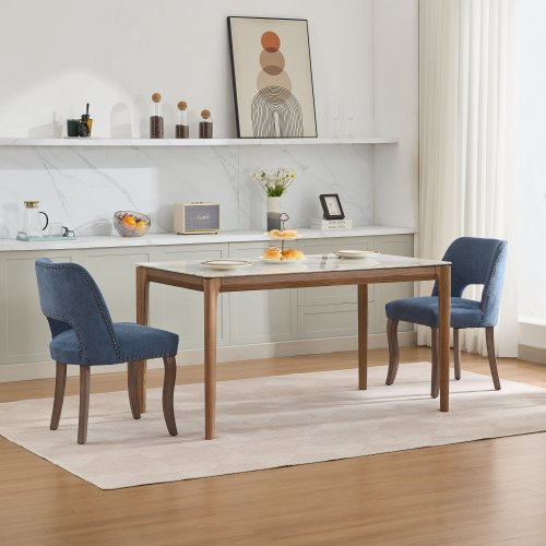 Wooden Dining Chairs Set of 2, Fabric Upholstered Dining Room Chairs with Hollow-Out Back Design, Blue