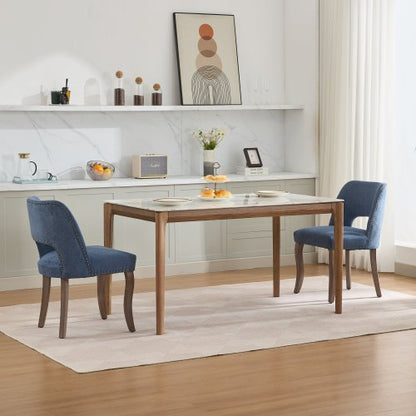 Wooden Dining Chairs Set of 2, Fabric Upholstered Dining Room Chairs with Hollow-Out Back Design, Blue