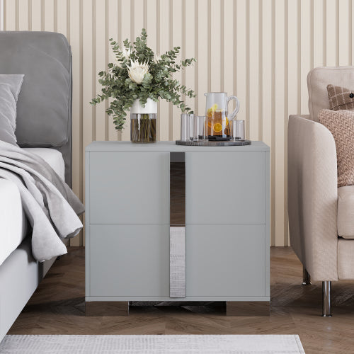 Modern End Table with Drawers, Elegant Nightstand with Metal Foot,Wood Bedside Table with Mirrored Metal Handles,Sofa Side End Table for Bedroom Living Room Office,Grey