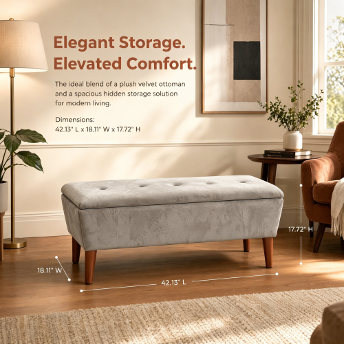 42 inch Linen Ottoman Bench with Solid Wood Tapered Legs