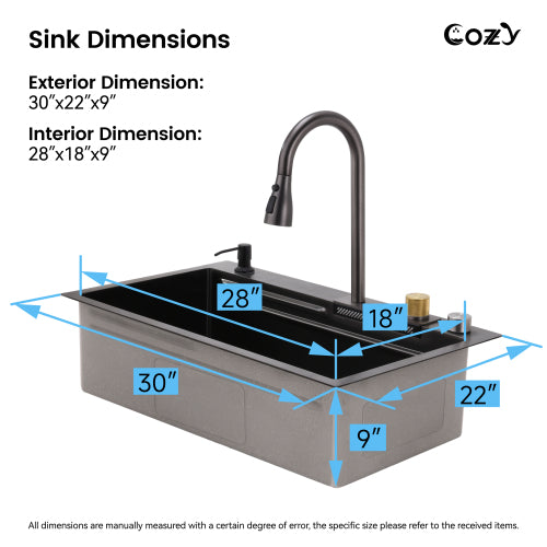 Waterfall Kitchen Sink, Stainless Steel Single Bowl in Black, Multifunctional Workstation with Flying-rain Faucet and Cutting Board, 30×22″ Stainless Steel Single Bowl Sink, SSBL12