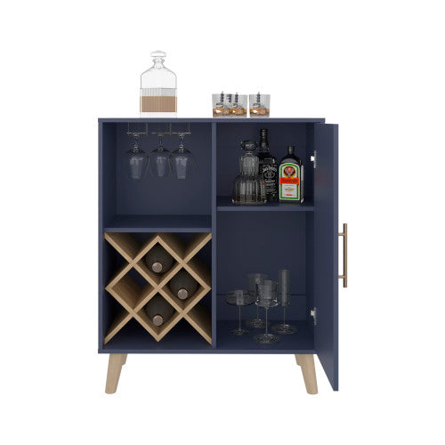 Bar Cabinet 38.6 inch H, 1 Door, 1 Drawer, 4 Shelves, Alby Blue / Natural Oak - Living Room