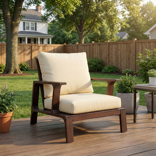 Patio Accent Chair 27.6" Wood Chair Outdoor Lounge Chair for Patios, Gardens, or Balcony, Dark Brown +Beige Cushion