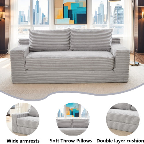 56-Inch Grey Corduroy Memory-Foam Compression Convertible Loveseat Sofa No-Assembly for Small-Space Apartment Home-Office