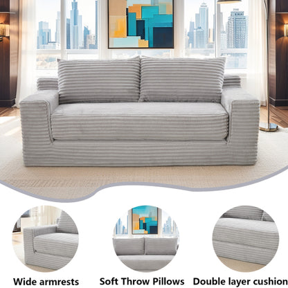 56-Inch Grey Corduroy Memory-Foam Compression Convertible Loveseat Sofa No-Assembly for Small-Space Apartment Home-Office