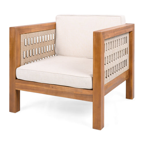 Acacia Wood Outdoor Club Chair with Beige Rope Arm and Beige Cushions,400 lbs Capacity