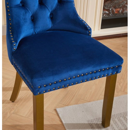 Mid-Century Modern Velvet Dining Chairs Set of 2 with Lion Head Pull Ring, Tufted Upholstered Chair, Blue