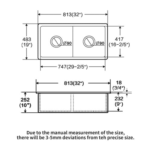 32"x19"x10" Undermount Double Bowl Fireclay Kitchen Sink - Dual Mount White Porcelain Fireclay Rectangular Deep Double Bowl Sink Basin