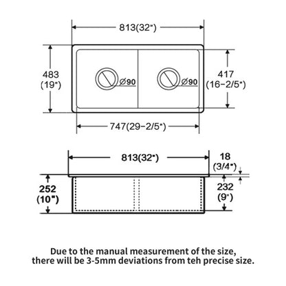 32"x19"x10" Undermount Double Bowl Fireclay Kitchen Sink - Dual Mount White Porcelain Fireclay Rectangular Deep Double Bowl Sink Basin