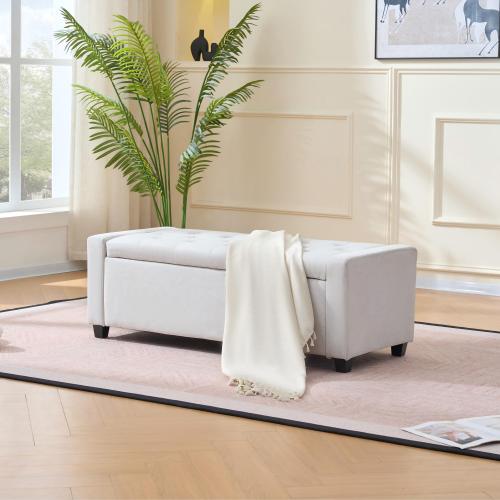 48 inch Beige Faux Linen Tufted Storage Bench, Safety Hinge Armrest Ottoman for Bedroom Entryway Living Room