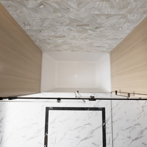 Frameless Single sliding shower door 56-60 "W x 60" H, 1/4 "(6 mm) Clear Tempered Glass, Explosion Proof Film, Stainless Steel Handle,Square Tube Track ,Matte Black