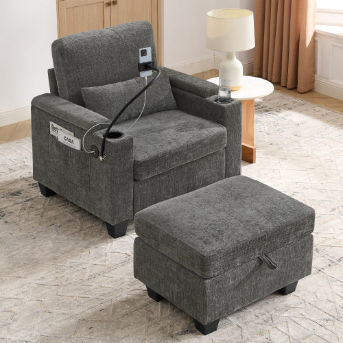 Gray Manual-Adjust Recliner Chair with USB, Storage & Ottoman