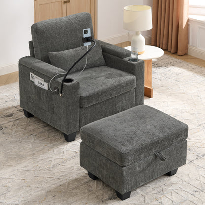Gray Manual-Adjust Recliner Chair with USB, Storage & Ottoman